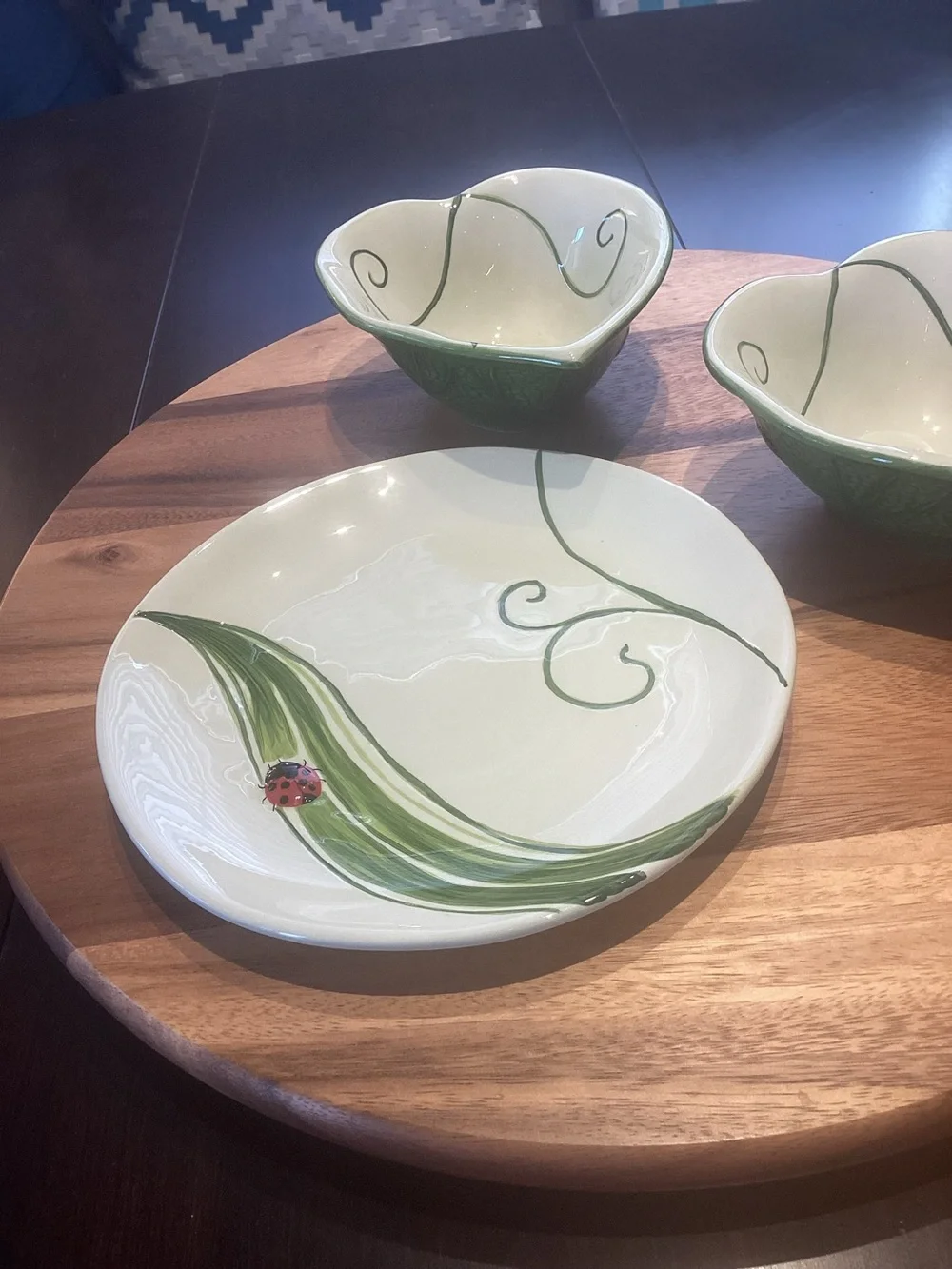 Pier 1 ladybug Salad Plate & bowls (2) set like new Heart Shaped Botanical